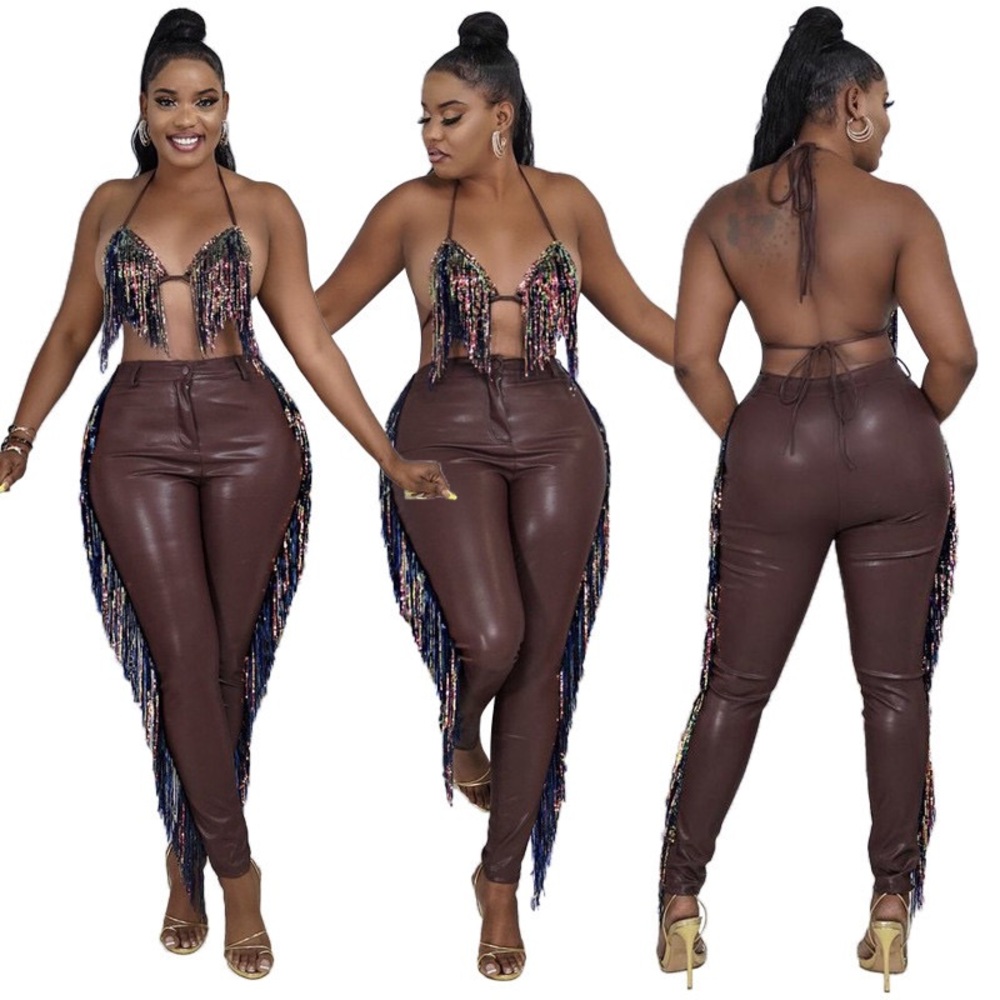 Women’s two piece bra and leather pants set.